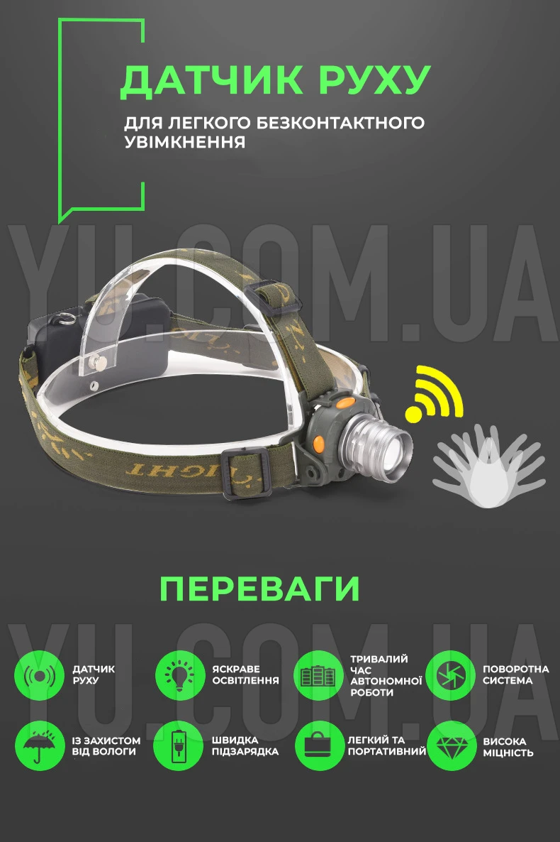 Налобний ліхтар Bailong BL 1505/602B SENSOR, світлодіодний налобний ліхтарик з датчиком руху Налобний ліхтар Bailong BL 1505/602B SENSOR, світлодіодний налобний ліхтарик з датчиком руху
